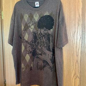 MENS 2XL JIMI HENDRIX BAND T-SHIRT BROWN ARGYLE PATTERN WITH 2007 JIMI ON GUITAR